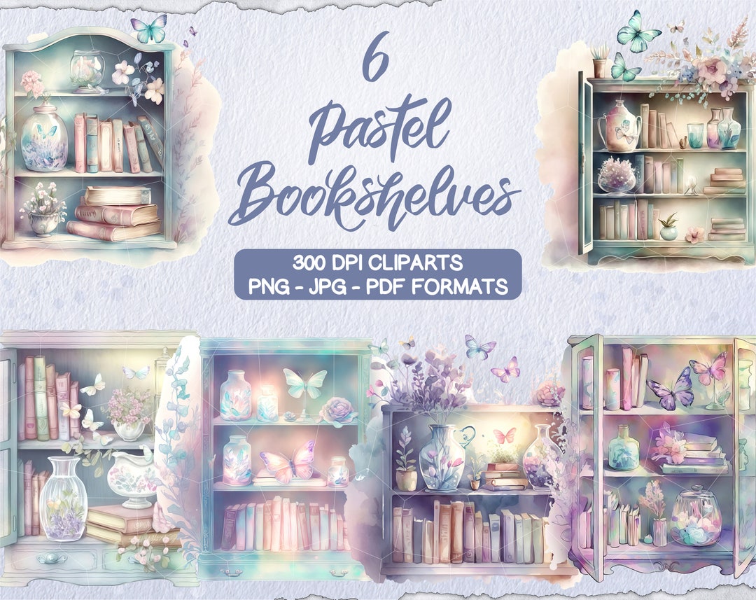 Watercolor Pastel Bookshelf Clipart Bundle Cute Bookshelf Etsy