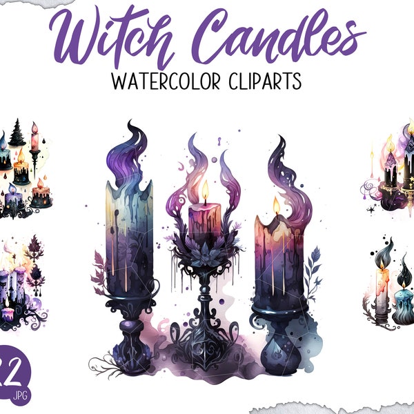 Watercolor Witch Candle Clipart Bundle, Gothic Decor Candle JPG, Halloween Candle Set, Occult-Inspired, Spell Candle, Black Magic, Dark Home