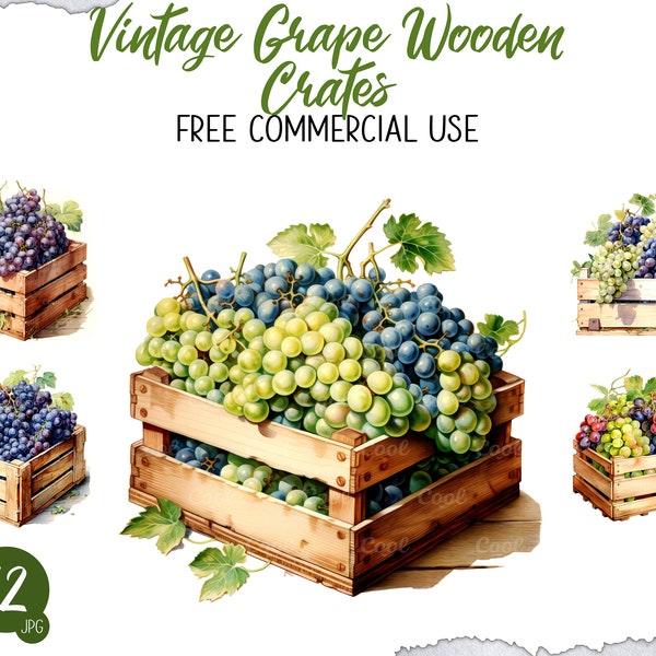 Vintage Grape Wooden Crates Clipart Bundle, 12 Digital JPG, Wooden Box, Fruit Label, Kitchen Display, Weathered Patina, Sturdy Construction