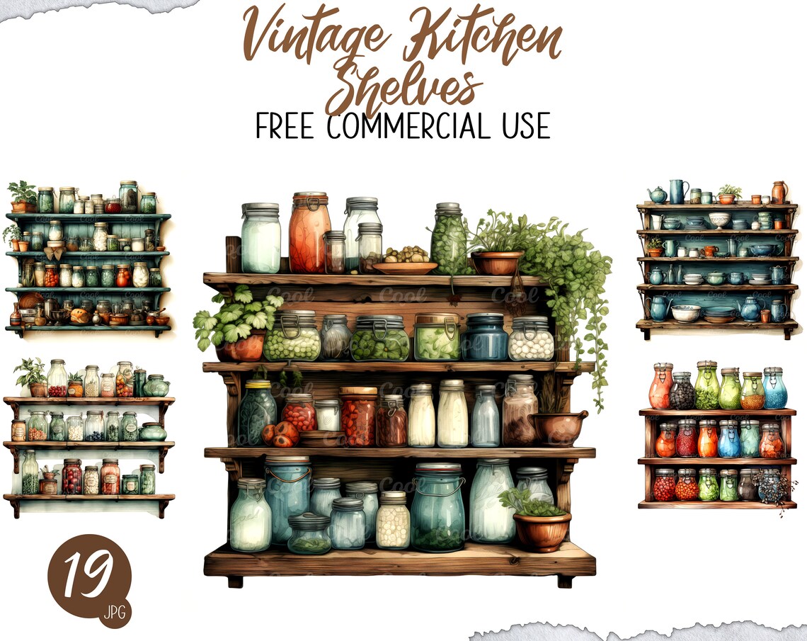 Vintage Kitchen Shelves Clipart Bundle, 19 Digital JPG, Antique Storage