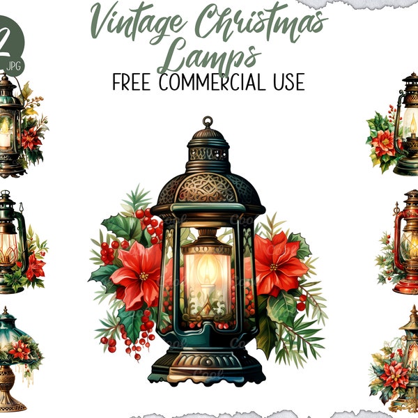 Vintage Christmas Lamps Clipart Bundle, 12 Digital JPG, Incandescent Tree Lighting, Edison Bulb, Outdoor Holiday Decor, Painted Ornaments