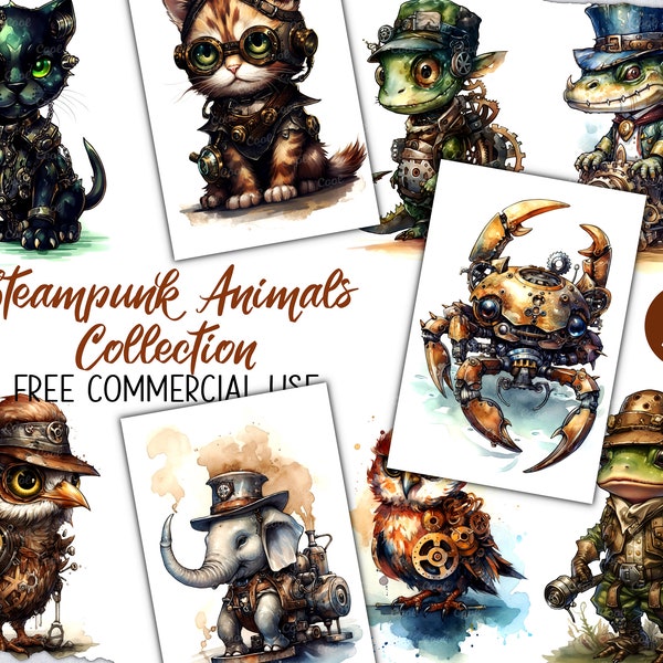 Steampunk Animal Collection Clipart Bundle, 21 Digital Images JPG, Mechanical Beast Art, Clockwork Creature, Gear Animal, Steam Powered