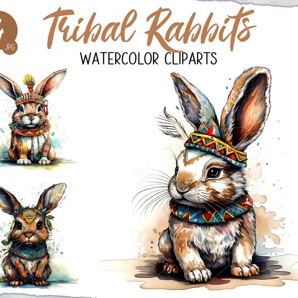 Watercolor Tribal Rabbit Clipart Bundle, Symbolic Rabbit JPG, Mystic Rabbit, Tribal Wildlife, Aztec Hare, Patterned Bunny, Native Rabbit Art