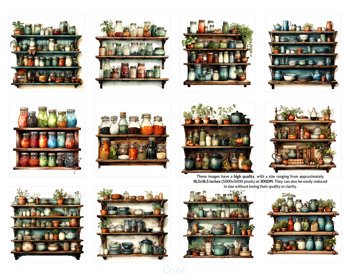 Vintage Kitchen Shelves Clipart Bundle, 19 Digital JPG, Antique Storage