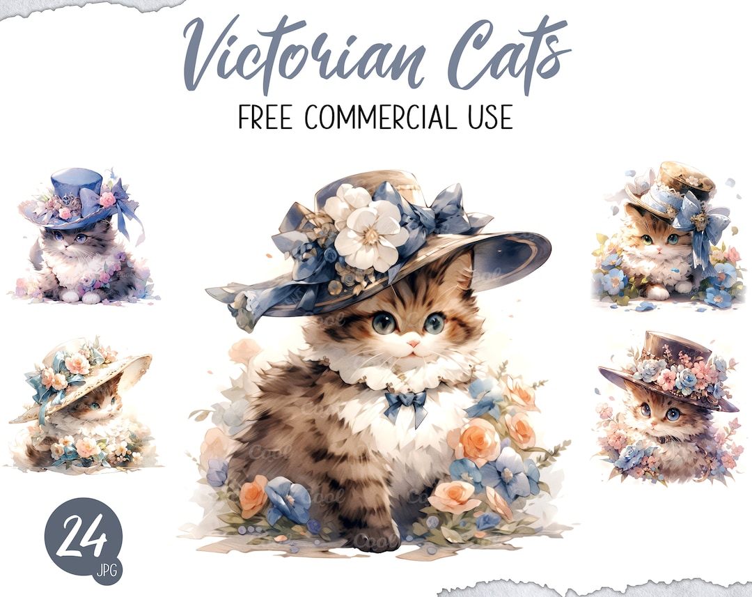 Victorian Cats Clipart Bundle, 24 Digital JPG, Feline Elegance, Antique
