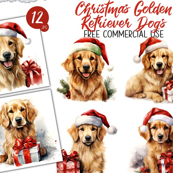 Christmas Golden Retriever Dogs Clipart Bundle, 12 Digital JPG, Personalized Ornament, Merry Puppies, Xmas Pet, Santa Cute Cream Scene Paint