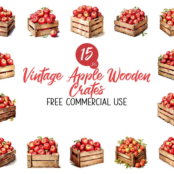 Vintage Apple Wooden Crates Clipart Bundle, 15 Digital JPG, Rustic Orchard Storage, Farmhouse Decor, Antique Fruit Box, Country Harvest Art