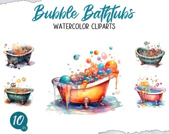 Watercolor Bubble Bathtub Clipart Bundle, Bubble Bath Art JPG, Soapy Bubble, Bathroom Decor, Spa Vibe Art, Colorful Bath, Splash of Color