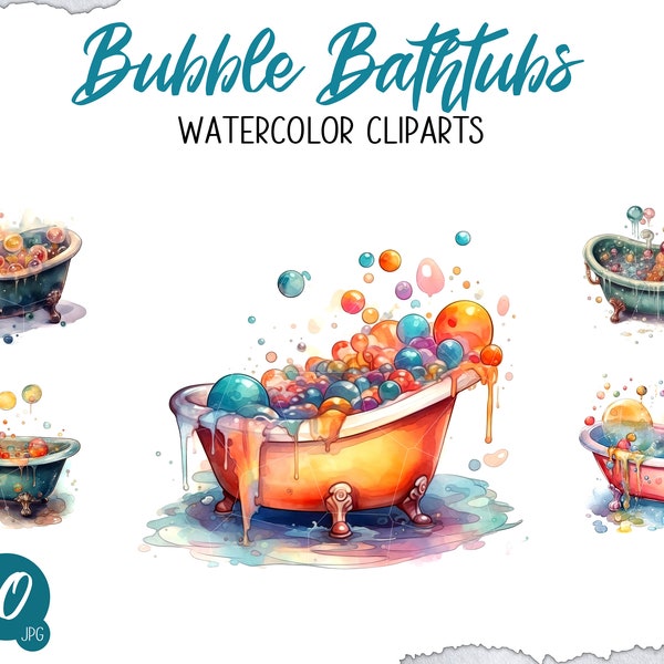 Watercolor Bubble Bathtub Clipart Bundle, Bubble Bath Art JPG, Soapy Bubble, Bathroom Decor, Spa Vibe Art, Colorful Bath, Splash of Color