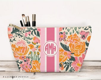 Custom Floral Monogram Makeup Bag for Sister Birthday Gift ,Personalized Vintage Toiletry Bag for Women, Large Pouch Travel Essentials
