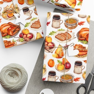 Thanksgiving Dinner Wrapping Paper, Watercolor Fall Gift Wrap