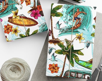 Surfing Wrapping Paper for Beach Birthday Gift, Vintage Surf Gift Wrap Paper for Coastal Christmas