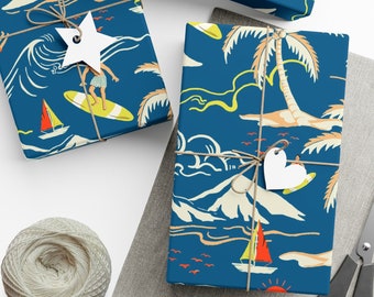 Surfing Wrapping Paper for Birthday Gift, Coastal Gift Wrap for Beach Party, Coastal Christmas