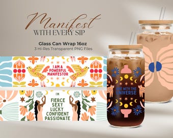Set of 3 16oz Glass Can Wrap PNG Files, Libbey Glass Cup, Manifestation Glass Can Wrap, Inspirational Glass Can Wrap, Life Quotes Can Wrap