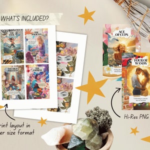 May include: A collection of tarot card prints featuring colorful illustrations and text. The image includes cards with titles like "The Fool," "The Magician," "Ace of Cups," and "Four of Wands." The phrase "What's Included?" is visible.