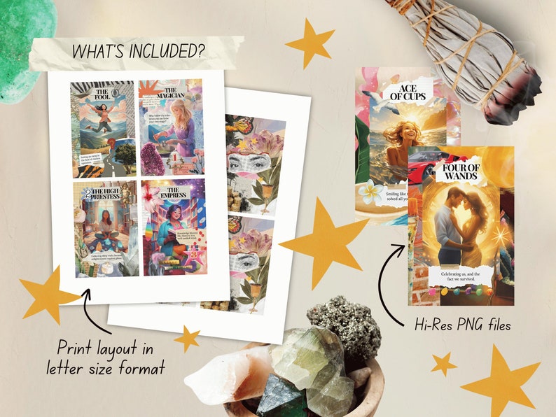 May include: A collection of tarot card prints featuring colorful illustrations and text. The image includes cards with titles like "The Fool," "The Magician," "Ace of Cups," and "Four of Wands." The phrase "What's Included?" is visible.