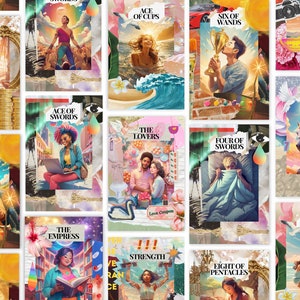 May include: A collection of tarot card illustrations with vibrant colors and artistic designs. Each card features a unique scene and title, including "King of Pentacles," "Ace of Swords," and "The Lovers." The cards are arranged in a collage-style layout.