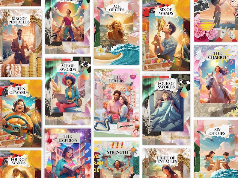 May include: A collection of tarot card illustrations with vibrant colors and artistic designs. Each card features a unique scene and title, including "King of Pentacles," "Ace of Swords," and "The Lovers." The cards are arranged in a collage-style layout.