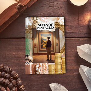 May include: A tarot card illustration with the text "SEVEN OF PENTACLES" features a person in a gallery, a painting, and stacks of coins. The image is surrounded by pearls, crystals, and candles on a wooden surface.