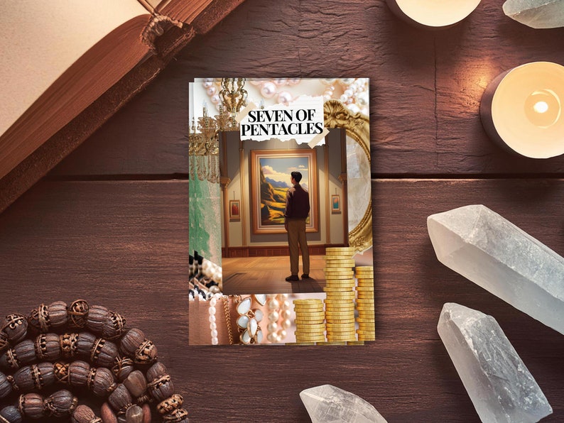 May include: A tarot card illustration with the text "SEVEN OF PENTACLES" features a person in a gallery, a painting, and stacks of coins. The image is surrounded by pearls, crystals, and candles on a wooden surface.