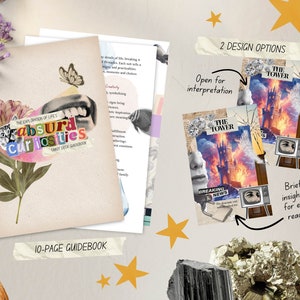 May include: A tarot deck guidebook titled "The Exploration of Life's Absurd Curiosities" with a collage design. Two tarot card designs are shown, one with a burning tower. The guidebook is 10 pages.