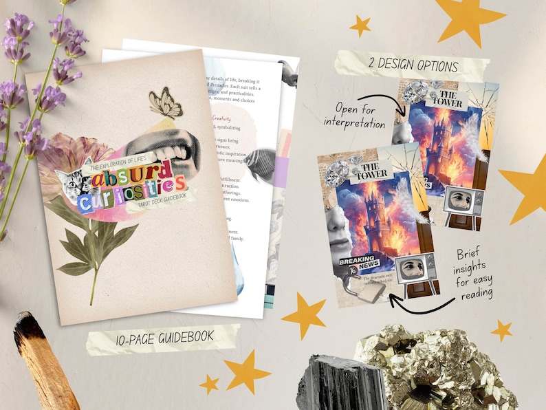 May include: A tarot deck guidebook titled "The Exploration of Life's Absurd Curiosities" with a collage design. Two tarot card designs are shown, one with a burning tower. The guidebook is 10 pages.
