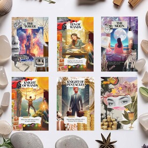 May include: A collection of six tarot card prints with collage-style illustrations. Each card features a unique design, including imagery of a tower, a woman, a wolf, and a man. The cards are surrounded by crystals and candles.