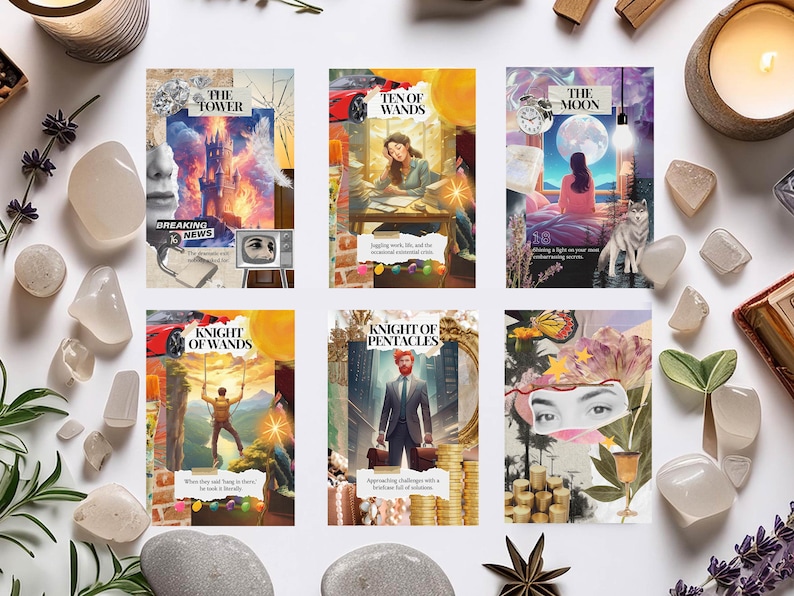 May include: A collection of six tarot card prints with collage-style illustrations. Each card features a unique design, including imagery of a tower, a woman, a wolf, and a man. The cards are surrounded by crystals and candles.