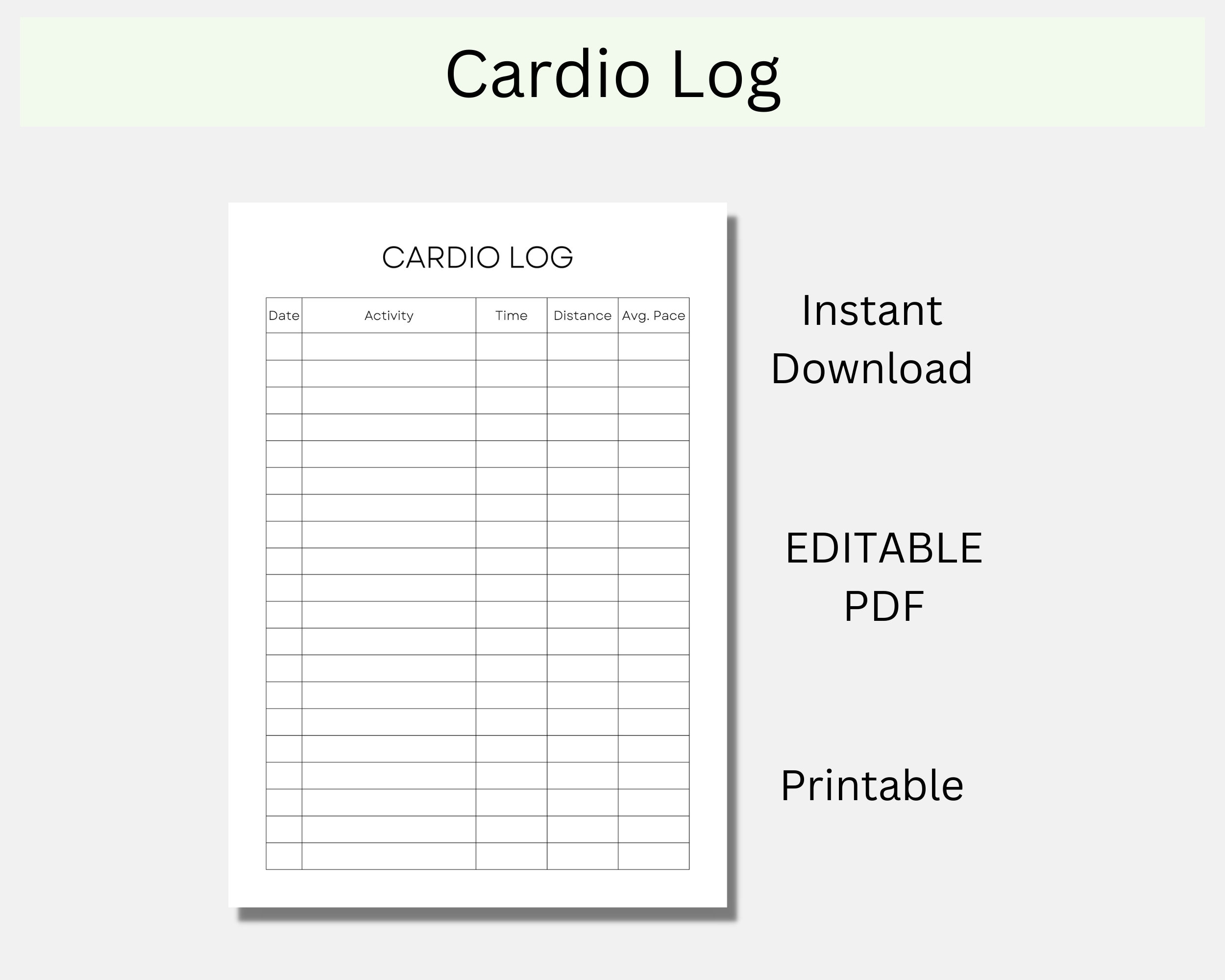 Cardio Log Printable, Workout Log, Running Tracker, Fitness Goals