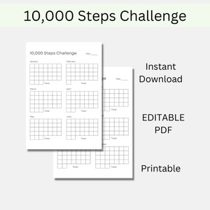 10000 stappenuitdaging afdrukbare bewerkbare sjabloon, staptracker, wandeluitdaging, fitnessdoel, stappenlog, wandeldagboek, dagelijkse stappengrafiek
