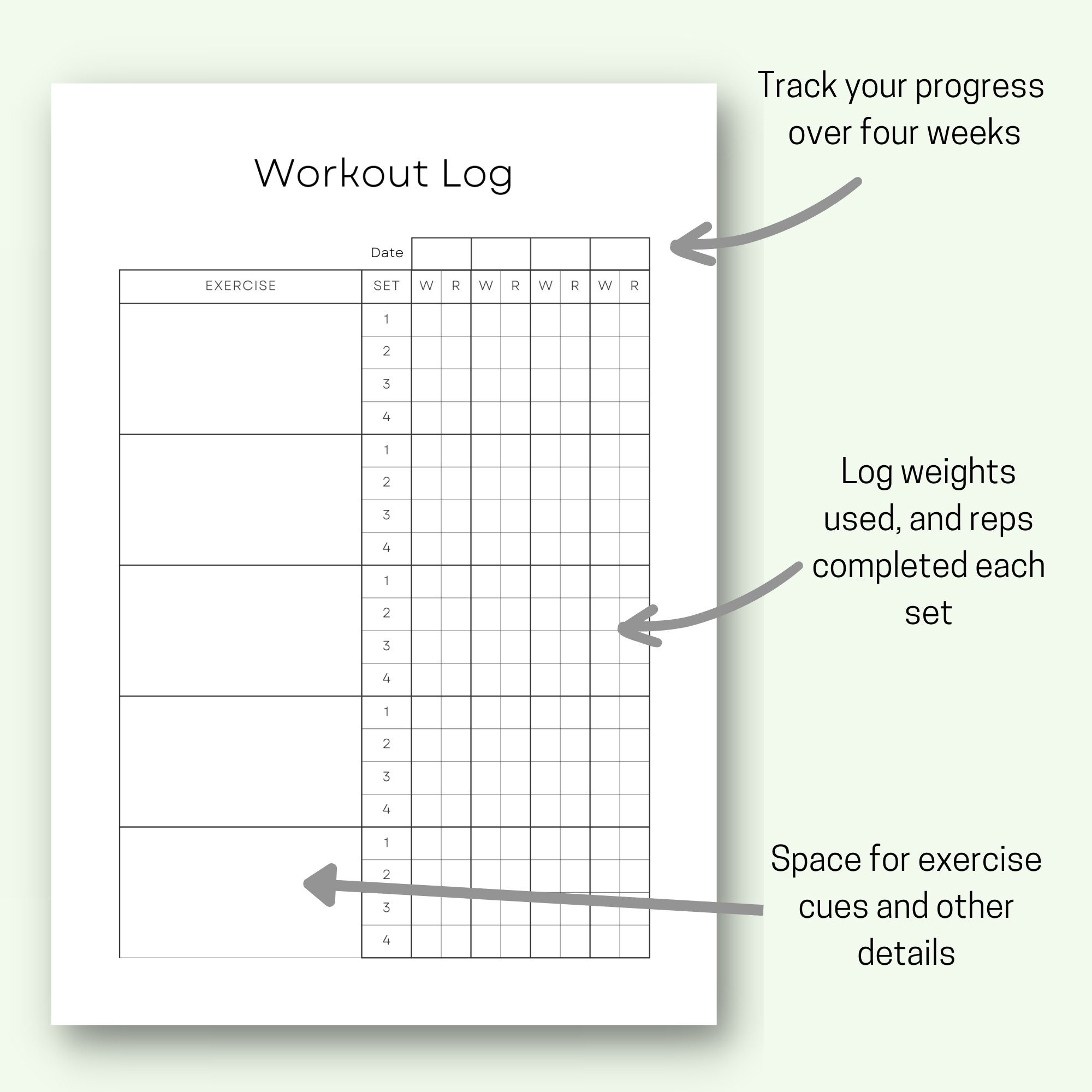 Workout Log Printable, Fitness Planner, Exercise Template, Workout