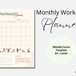 May include: A printable monthly workout planner template with a beige background. The template includes a calendar grid, a habit tracker, and a section for notes. The text "Workout Planner" is at the top of the page. The text "Monthly Workout Planner" is at the top right of the page. The text "Editable Canva Template A4 | Letter" is at the bottom right of the page.