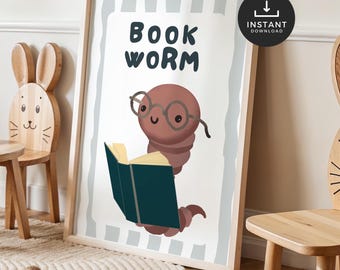 Kids Book Worm Poster, Handrawn Reading Corner Art Printable