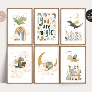 Baby Dragon Nursery Prints, Fantasy Mythical Wall Art, Mythical Kids Room Decor, Set of 6 Digital Downloads, Watercolour Teal and Gold,