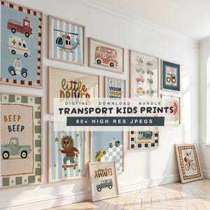 May include: A collection of framed wall art prints featuring various transport themes including fire trucks, helicopters, buses, and cars, alongside animal characters on skateboards and bicycles, with text elements like 'little driver' and 'vroom vroom'.