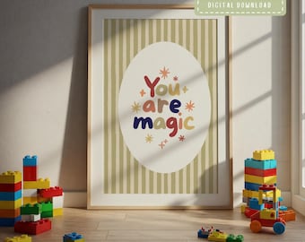 Lámina colorida "Eres mágica", arte mural infantil y original, decoración para guardería, pósteres para sala de juegos, arte con cita positiva (descarga digital).