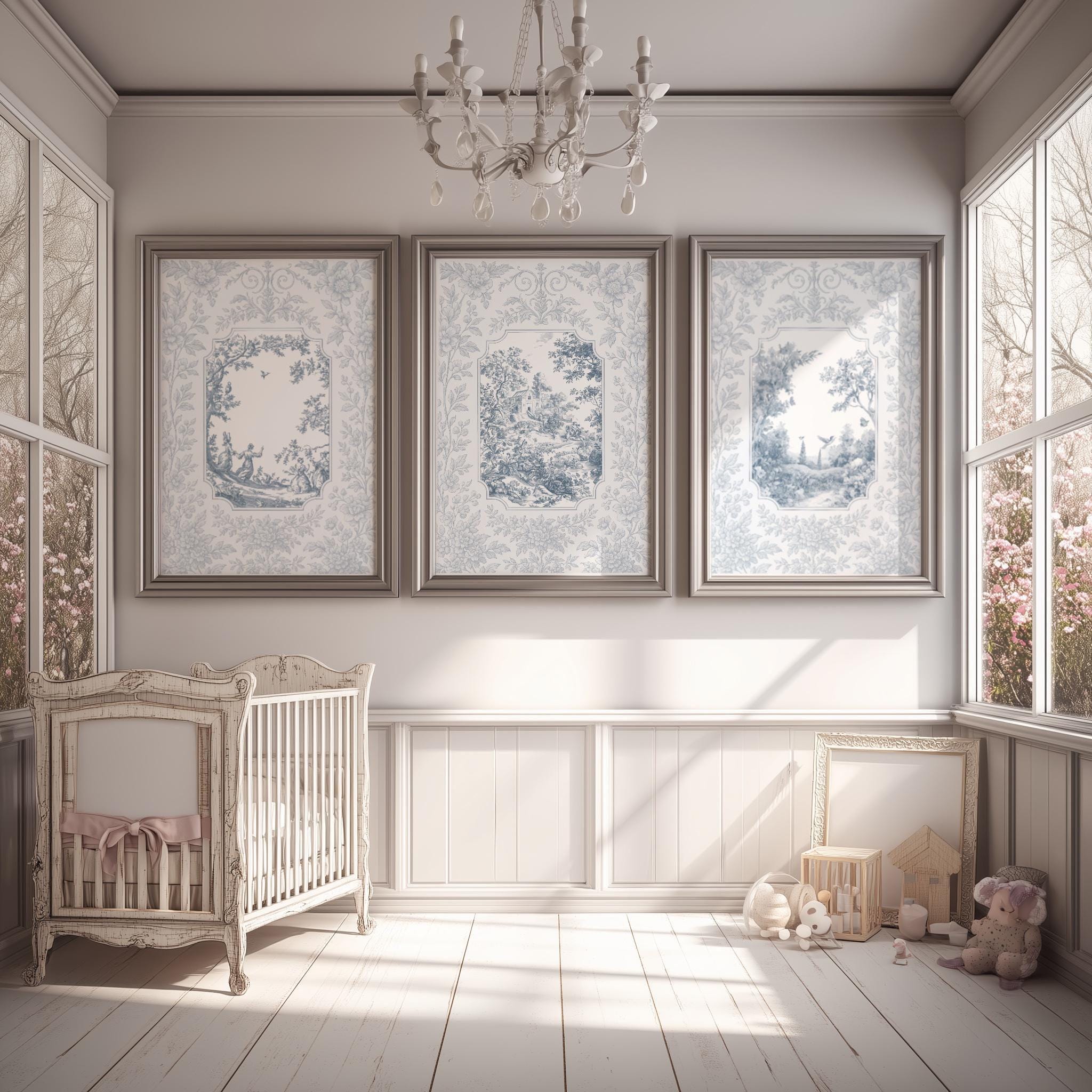Set of 3 Blue Toile De Jouy Prints, Vintage French, Cottage Theme Wall ...