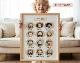 Feelings Chart Kids Poster, Calming Corner Emotional Regulation Printable (Digital Download)