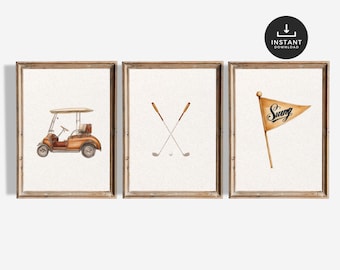 Sztuka ścienna do pokoju dziecięcego w stylu vintage, zestaw 3 akwareli, pokój dziecięcy w stylu golfowym, wystrój pokoju dla chłopców, brązowy, pokój dziecięcy w stylu vintage, styl Grandmillenial