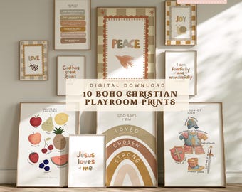 Christian Playroom Print Set, Boho Sunday School Posters, Kids Scripture Wall Art, Bible Verse Nursery Printables (Digital Download)
