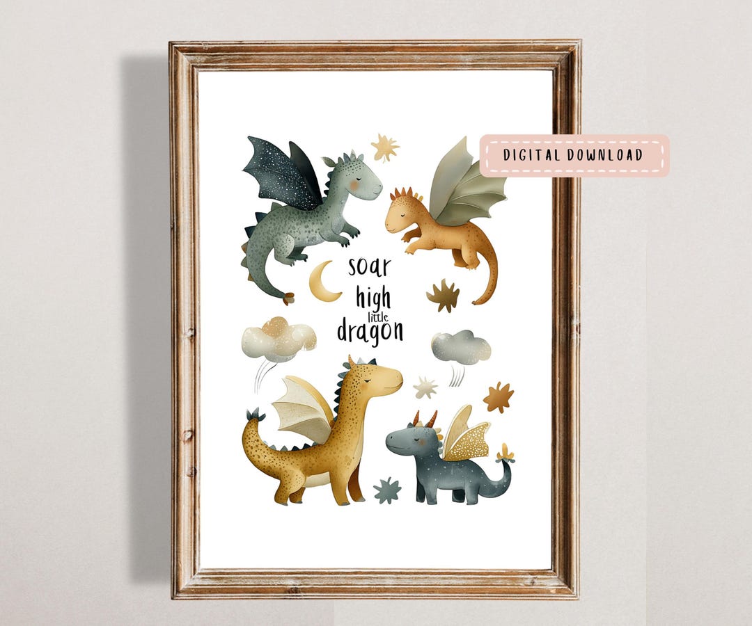 Watercolour Baby Dragon Nursery Print, Fantasy Mythical Wall Art, Kids ...