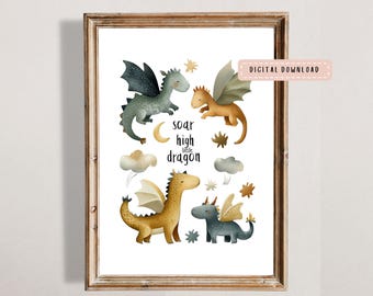 Watercolour Baby Dragon Nursery Print, Fantasy Mythical Wall Art,  Kids Room Decor, (Digital Download)