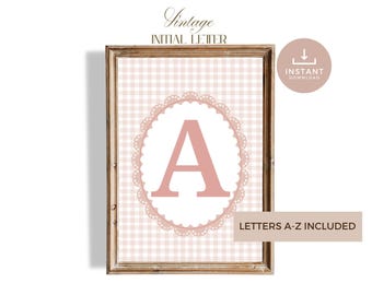 Impresión de inicial vintage, nombre y letra para pared de guardería, cuadros rosas, decoración de habitación de niña estilo cottagecore (descarga digital)