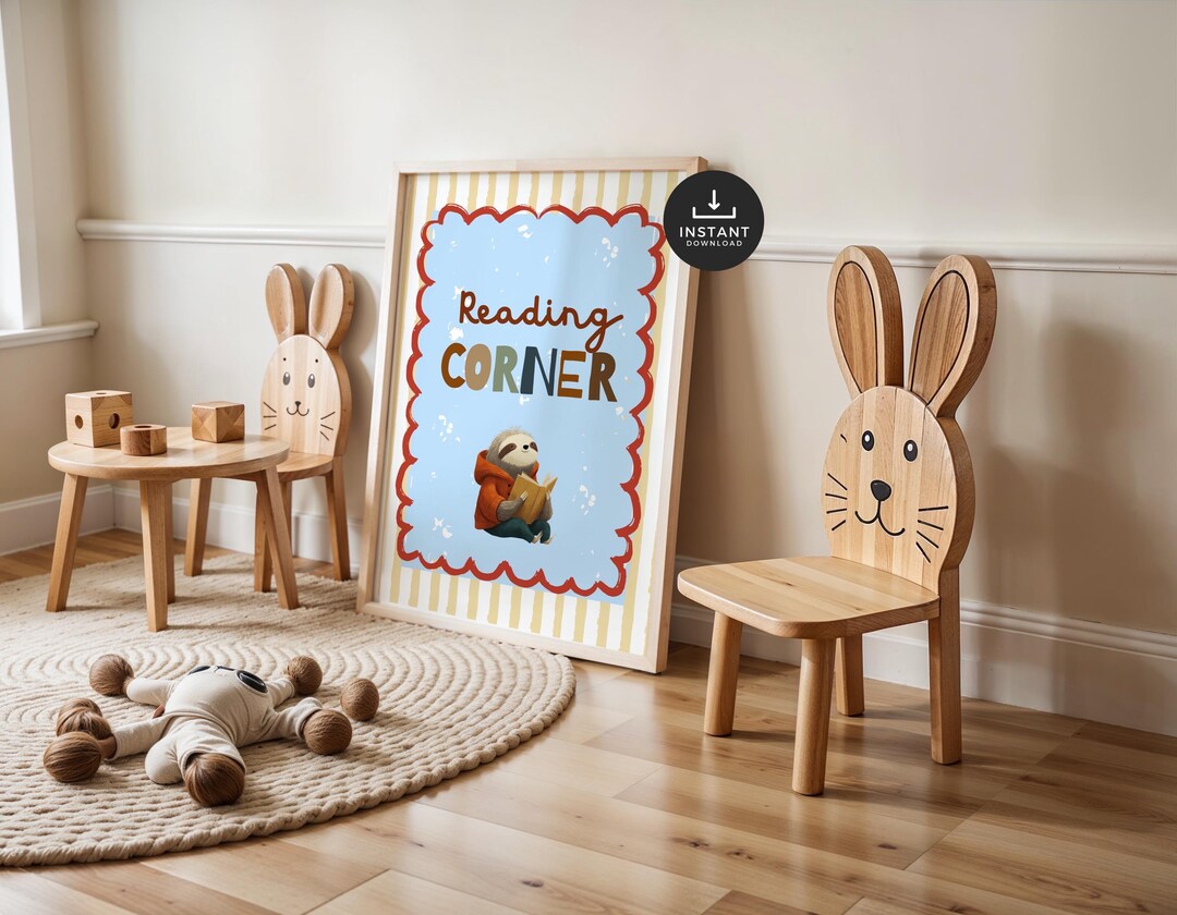 Kids Reading Corner Print, Cute Sloth Animal Illustration, Whimsical ...