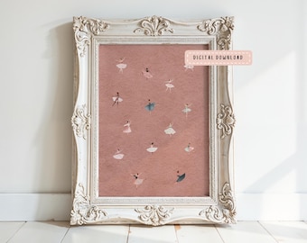 Lámina decorativa de una pequeña bailarina en color rosa empolvado: Arte minimalista de ballet (Descarga digital)