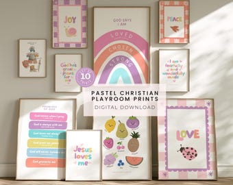 Christian Playroom Print Set, Pastel Bible Verse Sunday School Posters, Kids Scripture Printable Wall Art (Digital Download)