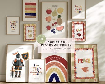 Christian Playroom Print Set, Sunday School Posters, Kids Scripture Wall Art, Bible Verse Nursery Printables (Digital Download)