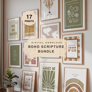 May include: A set of 17 framed art prints with inspirational quotes and botanical illustrations. The prints feature a warm colour palette of beige, green, and brown, with text such as "Great Plans" and "Light of the World".