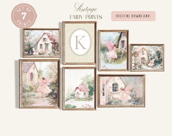Juego de 7 láminas de casa de hadas vintage, arte mural de estilo cottagecore, decoración infantil caprichosa, dormitorio infantil inspirado en cuentos de hadas, impresión digital