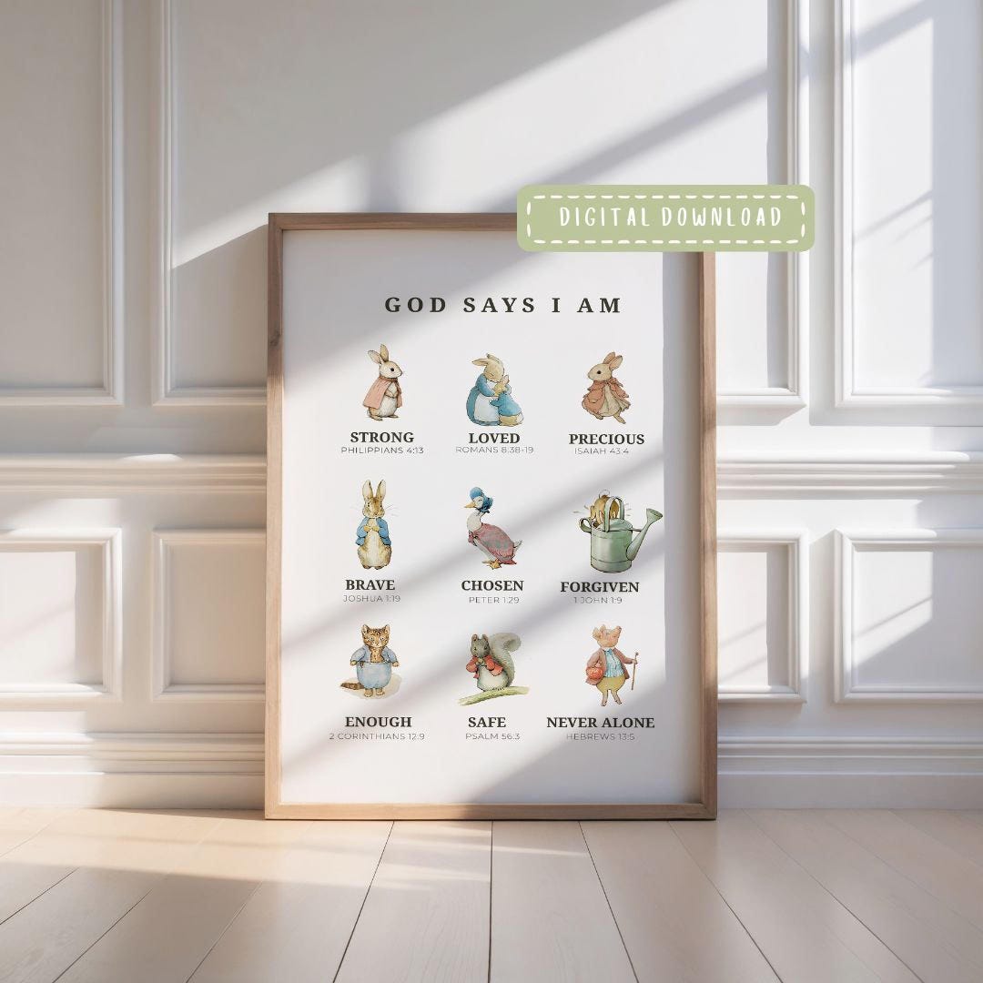 Peter Rabbit Christian Nursery Wall Art, God Says I Am Scripture ...